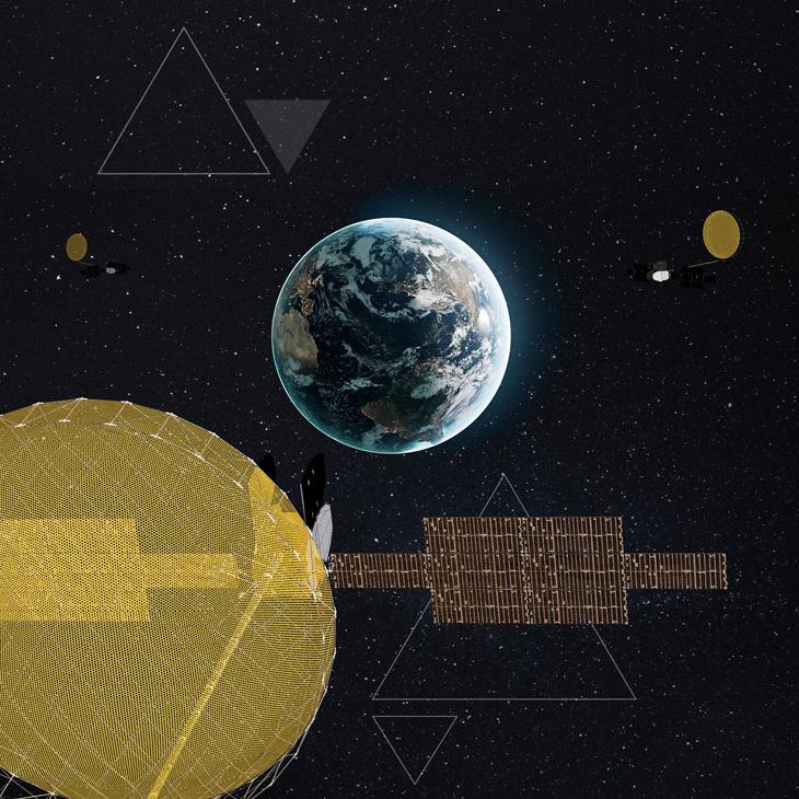 The global constellation of three ViaSat-3 satellites over earth from space